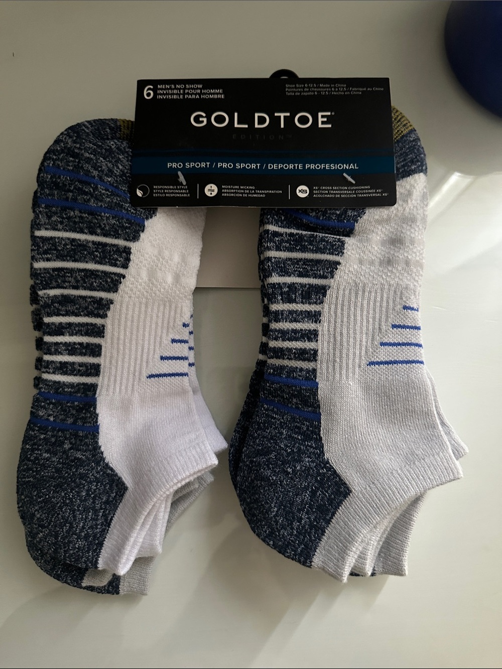 Gold Toe Men's No-Show Athletic Socks - White & Navy with Blue Accents (6 Pack)
